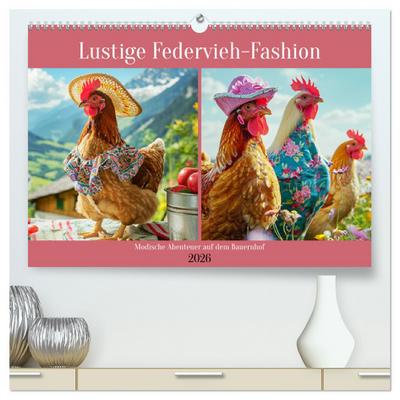 Lustige Federvieh-Fashion. Modische Abenteuer auf dem Bauernhof (hochwertiger Premium Wandkalender 2026 DIN A2 quer), Kunstdruck in Hochglanz