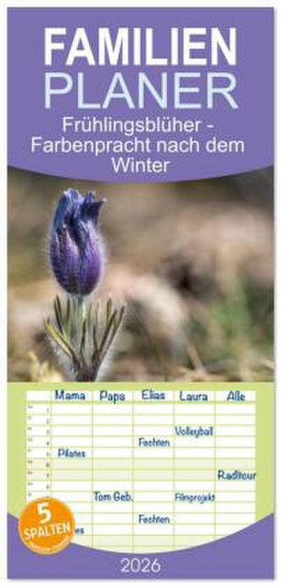 Familienplaner 2026 - Frühlingsblüher - Farbenpracht nach dem Winter mit 5 Spalten (Wandkalender, 21 x 45 cm) CALVENDO