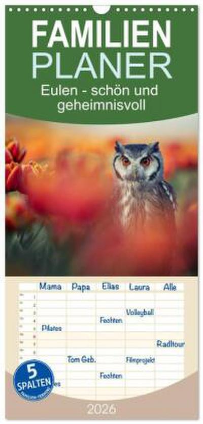 Familienplaner 2026 - Eulen - schön und geheimnisvoll mit 5 Spalten (Wandkalender, 21 x 45 cm) CALVENDO