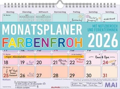 Monatsplaner Farbenfroh 2026 29,7x21 1M/1S