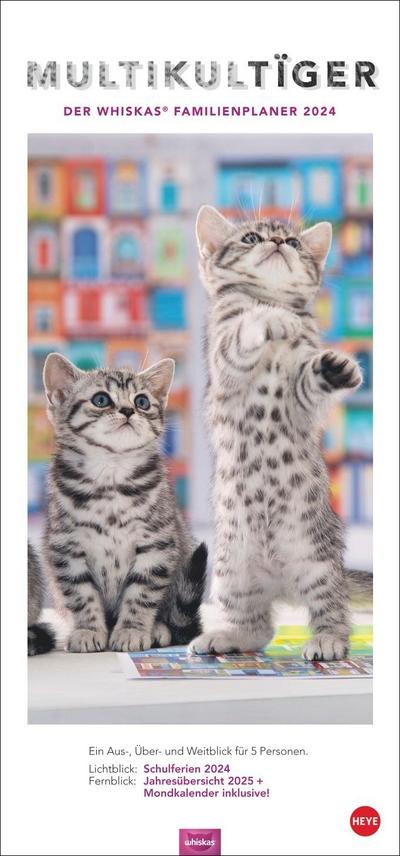 Whiskas Familienplaner 2024. Praktischer Kalender für Familien mit Katzenfotos zum Dahinschmelzen. Terminkalender für die Wand mit 5 Spalten und viel Raum für Planung. Familienkalender 2024.