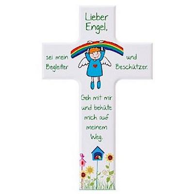 Kinder- Holzkreuz: Regenbogen-Engel weiß