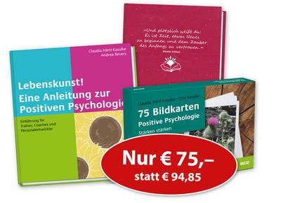 ’Lebenskunst! Eine Anleitung zur Positiven Psychologie’,’75 Bildkarten Positive Psychologie’ und ’Mein Erfolgstagebuch’