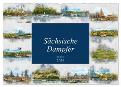 Sächsische Dampfer Aquarelle (Wandkalender 2026 DIN A2 quer), CALVENDO Monatskalender