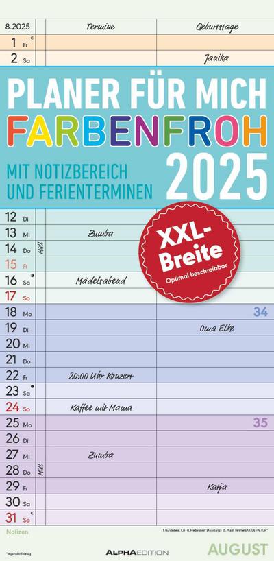 Planer für mich XL 2025 - Familien-Timer 22x45 cm - mit Ferienterminen - Wand-Planer - mit vielen Zusatzinformationen - Alpha Edition