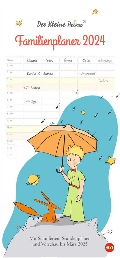 Der Kleine Prinz Familienplaner 2024. Familienkalender mit Motiven aus dem Kinderbuch-Klassiker. Wand-Kalender mit 5 Spalten. Terminkalender für Familien