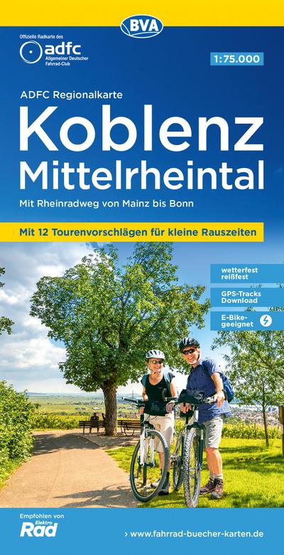 ADFC-Regionalkarte Koblenz Mittelrheintal, 1:75.000, mit Tagestourenvorschlägen, reiß- und wetterfest, E-Bike-geeignet, GPS-Tracks-Download