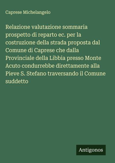 Relazione valutazione sommaria prospetto di reparto ec. per la costruzione della strada proposta dal Comune di Caprese che dalla Provinciale della Libbia presso Monte Acuto condurrebbe direttamente alla Pieve S. Stefano traversando il Comune suddetto