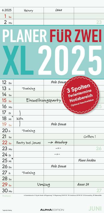 Planer für 2 XL 2025 mit 3 Spalten - Familien-Timer 22x45 cm - Offset-Papier - mit Ferienterminen - Wand-Planer - Familienkalender - Alpha Edition