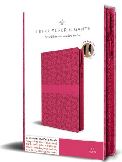 Biblia Reina Valera Revisada 1960 Letra Súper Gigante, Símil Piel Fucsia Rosada Cremallera E Índice / Spanish Bible Rvr 1960 Super Giant Print, Fuchsia Pink