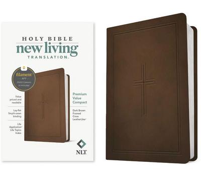 NLT Premium Value Compact Bible, Filament Enabled (Leatherlike, Dark Brown Framed Cross)