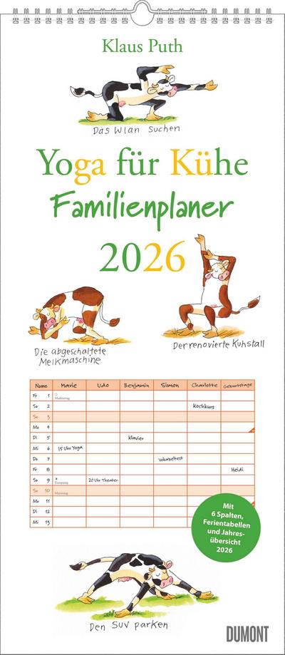 Yoga für Kühe Familienplaner 2026 - Wandkalender - Familien-Kalender mit 6 Spalten - Format 22 x 49,5 cm