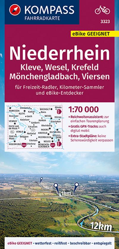 KOMPASS Fahrradkarte 3323 Niederrhein 1:70.000: Kleve,Wesel,Krefeld,Mönchengladbach,Viersen, reiß- und wetterfest mit Extra Stadtplänen