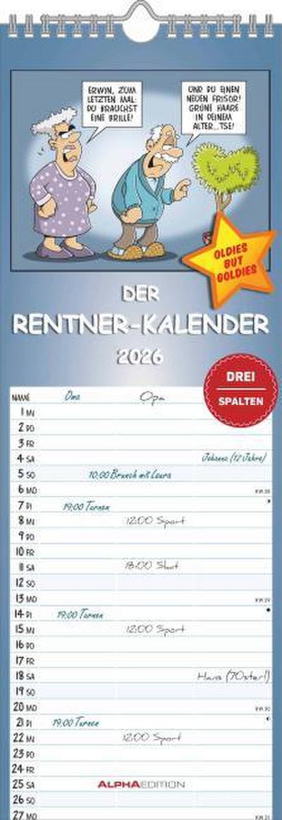 Rentnerkalender 2026 Streifenkalender, 15x42cm, Kalender mit 3 Spalten für Termine, 100 jährigem Kalender, Ferienterminen DE/AT/CH, mit Pollenflugkalender und deutschem Kalendarium - Alpha Edition
