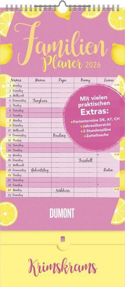 Familienplaner Krimskrams mit Tasche 2026 - 4 Spalten - Familienkalender 22x49 cm - mit Ferienterminen - Stundenplänen - Wandkalender - Wandplaner