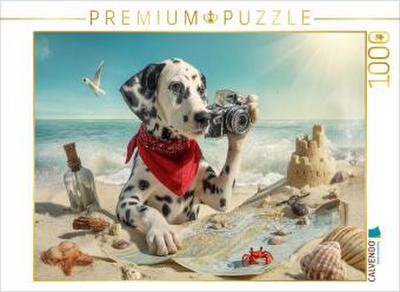 CALVENDO Puzzle Dalmatiner Hund auf Schatzsuche am Strand mit Karte und Kamera | 1000 Teile Lege-Größe 64x48cm Foto-Puzzle für glückliche Stunden