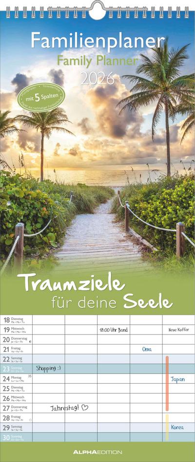 Traumziele 2026 Familienplaner - Familienkalender - Wandkalender - 19,5x45