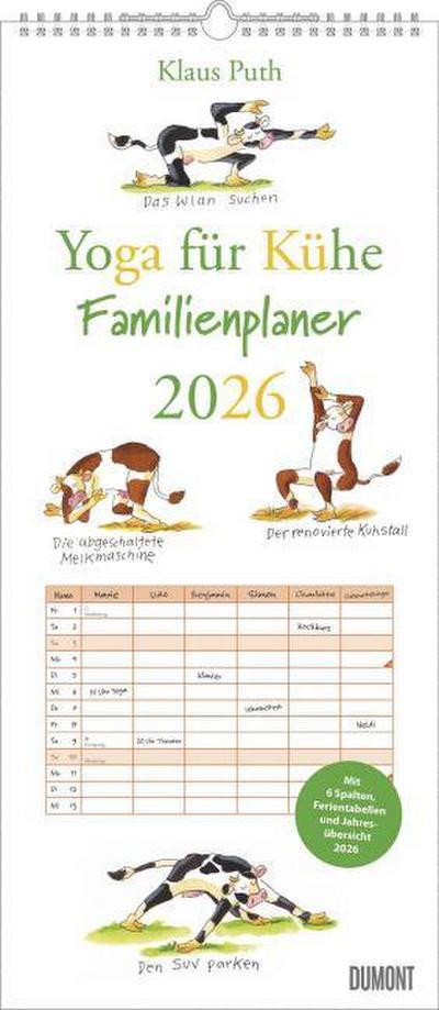 Yoga für Kühe Familienplaner 2026 - Wandkalender - Familien-Kalender mit 6 Spalten - Format 22 x 49,5 cm