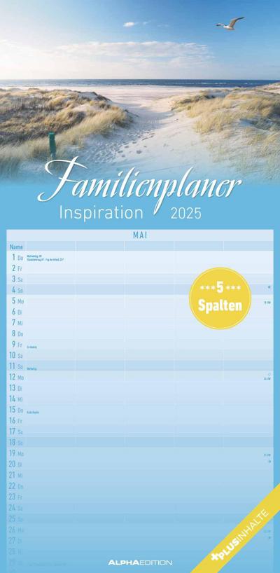 Familienplaner Inspiration 2025 - Familien-Timer 22x45 cm - mit Ferienterminen - 5 Spalten - Wand-Planer - mit vielen Zusatzinformationen - Alpha Edition