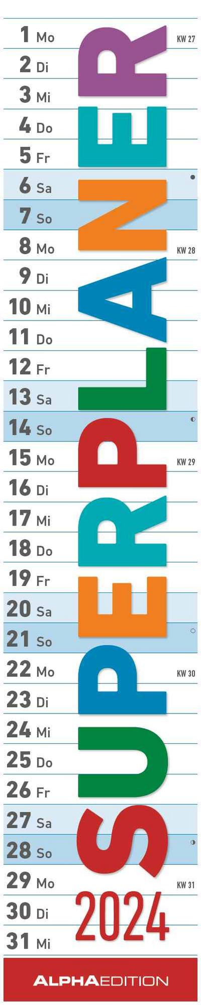 Superplaner 2024 - Streifenkalender 17x85 cm - mit Ringbindung - viel Platz für Notizen - Langplaner - Wandkalender - Küchenkalender - Alpha Edition