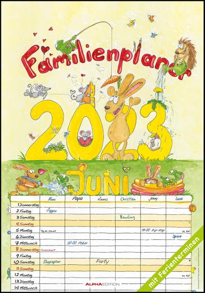 Familienplaner Cartoon 2023 - Bildkalender 23,7x34 cm - 6 Spalten - Kalender mit Platz für Notizen - mit vielen Zusatzinformationen - Wandkalender