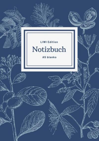 Notizbuch schön gestaltet mit Leseband - A5 Hardcover blanko - 100 Seiten 90g/m² - floral dunkelblau - FSC Papier