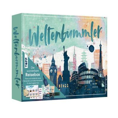 Wunderbare Reisebox Weltenbummler: Buch mit Reisetipps (DIN A5, 32 Seite), Reise Journal (DIN A5, 128 Seiten), 2 Brush Pens, 12 Reisekarten, 12 Holz-Anhänger, 2 Transfersticker-Bogen, Kofferanhänger