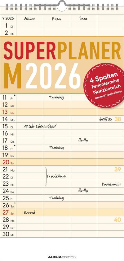 Superplaner M 2026 4 Spalten - Familien-Timer 22x45 cm - Offset-Papier - mit Ferienterminen - Wand-Planer - Familienkalender - Alpha Edition