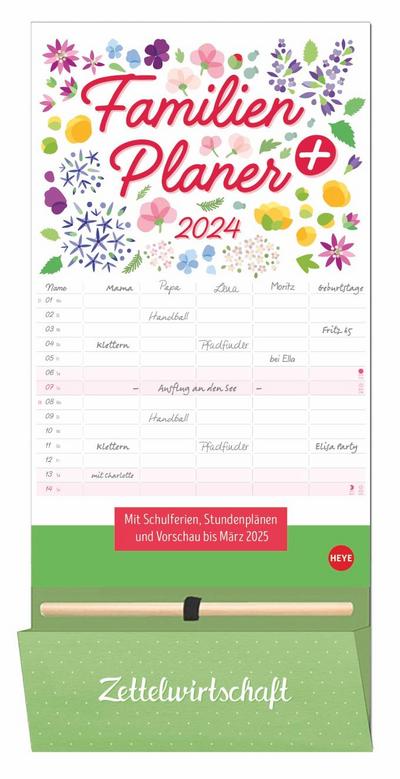Familienplaner plus Tasche 2024. Familienkalender mit 5 Spalten. Familien-Wandkalender mit Schulferien. Praktischer Wandplaner inklusive Tasche zur Aufbewahrung von Zetteln.