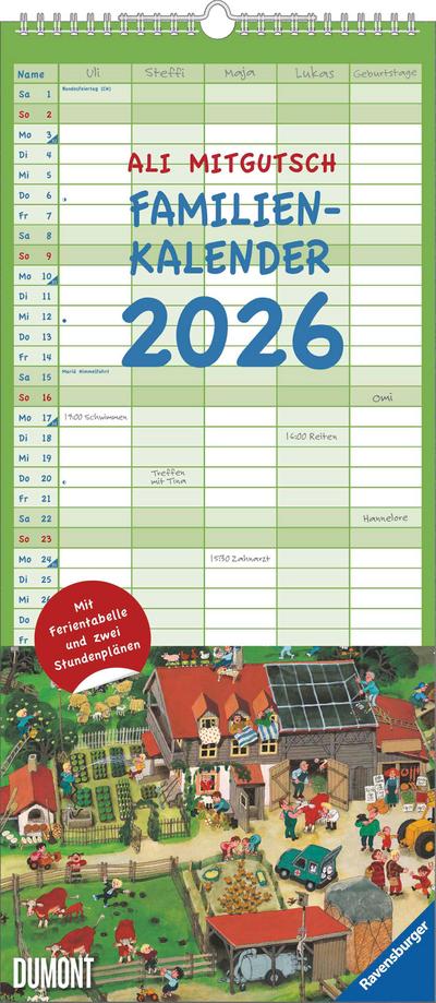 Ali Mitgutsch Familienkalender 2026- Wandkalender - Familienplaner mit 5 Spalten - Format 22 x 49,5 cm