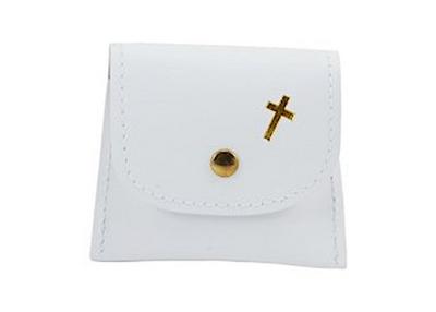 Rosenkranztäschchen weiß, mit goldenem Kreuz und Druckknopf