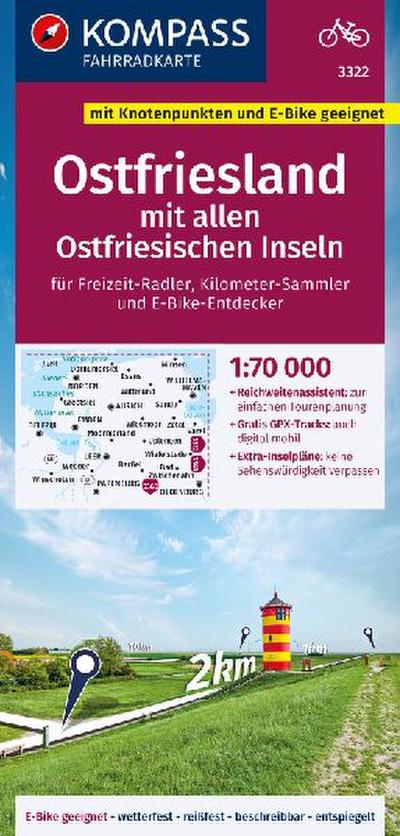KOMPASS Fahrradkarte 3322 Ostfriesland mit allen Ostfriesischen Inseln mit Knotenpunkten 1:70.000
