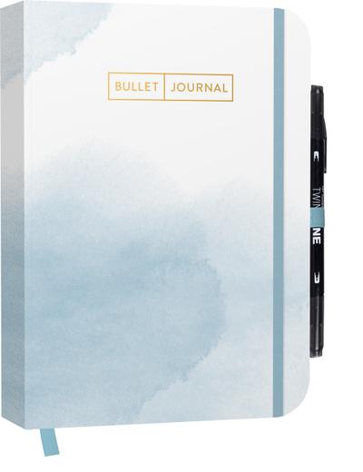 Bullet Journal "Watercolor Blue" 05 mit original Tombow TwinTone Dual-Tip Marker 33 black: Mit Punkteraster, Seiten für Index, Key und Future Log ... Stiftehalter und praktischem Verschlussband