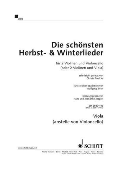 Die schönsten Herbst- und Winterlieder für Viola