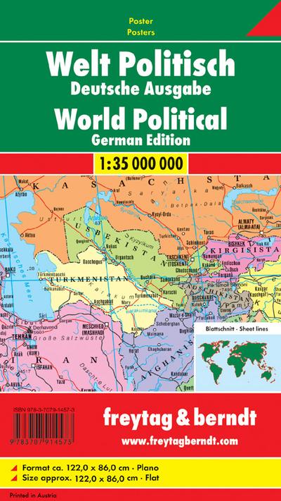 Freytag Berndt Poster, Welt politisch, Plano in Rolle, deutsch - Maßstab 1:35.000.000