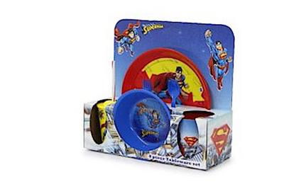 Superman Kinder Geschirrset 8teilig - offiziell lizenziert, Spülmaschinengeeignet, Teller, Tasse, Müslischale, Gabel, Löffel, Trinkbecher mit Deckel und Strohhalm