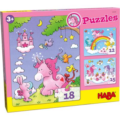 Puzzles Einhorn Glitzerglück. 3 Motive 12, 15, 18 Teile