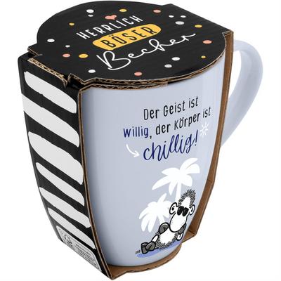 Tasse mit Motivdruck "Der Geist ist willig, der Körper ist chillig!", mit Banderole