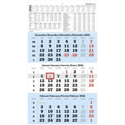 3-Monatskalender blau 2026 - 33x45 - mit Kopftafel - Datumsschieber - 958-0015