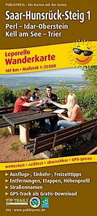 Wanderkarte Saar-Hunsrück-Steig 1, Perl - Idar-Oberstein, Kell am See - Trier 1:25 000