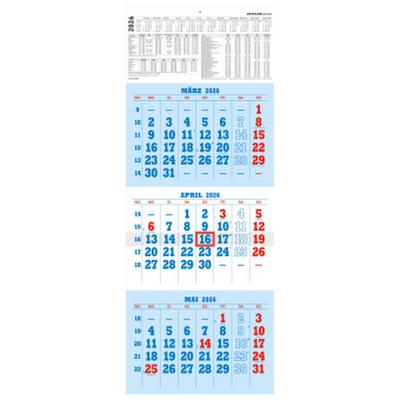 3-Monatskalender blau/rot 2026 - 29,7x78 - mit Kopftafel - gefaltet -  Datumsschieber - 952-0000