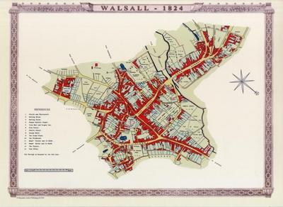 Walsall Town 1824 - Old Map Supplied Rolled in a Clear Two Part Screw Presentation Tube - Print Size 45cm x 32cm