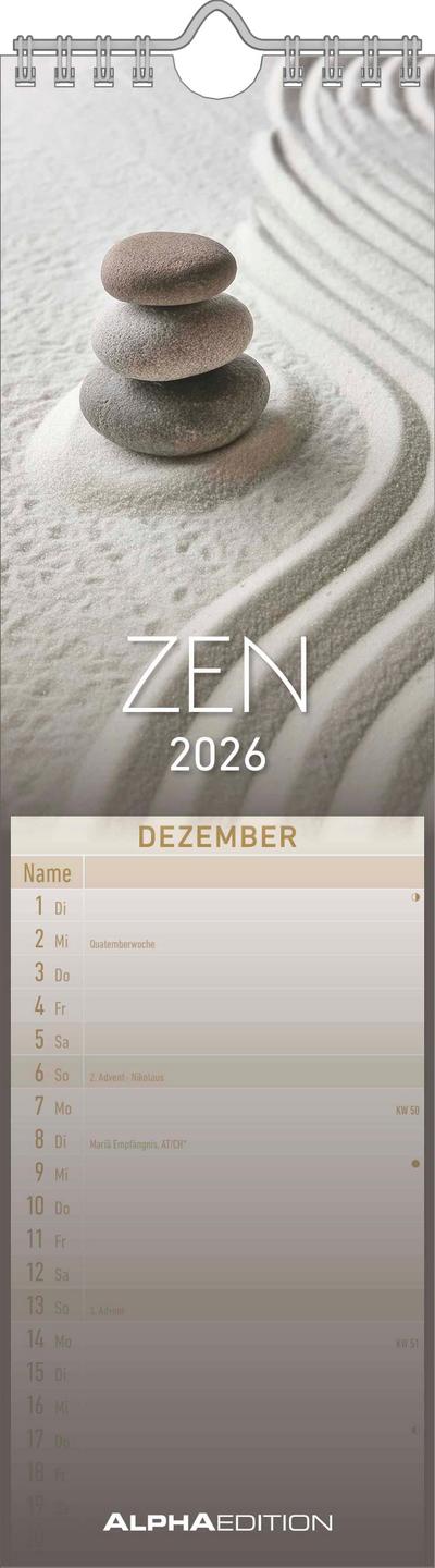 Streifenplaner Mini Zen 2026 - Streifen-Kalender 9,5x33 cm - Harmonie und Achtsamkeit - Wandplaner - Küchenkalender - Alpha Edition
