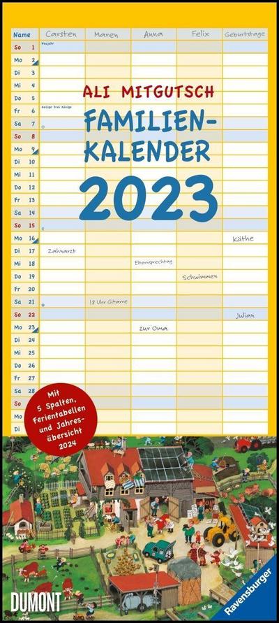 Ali Mitgutsch Familienkalender 2023 - Wandkalender - Familienplaner mit 5 Spalten - Format 22 x 49,5 cm