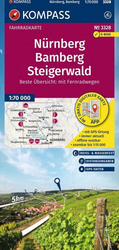 KOMPASS Fahrradkarte 3328 Nürnberg, Bamberg, Steigerwald 1:70.000