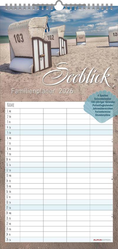 Familienplaner Seeblick 2026 - Familien-Timer 22x45 cm - mit Ferienterminen - 4 Spalten - Wand-Planer - mit vielen Zusatzinformationen - Alpha Edition