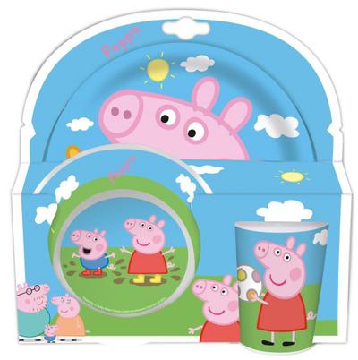 POS 30702 - Frühstücksset 3 teilig mit beliebtem Peppa Wutz Motiv, bestehend aus Teller, Schale und Becher, stabiles Melamin, bpa- und phthalatfrei, spülmaschinengeeignet