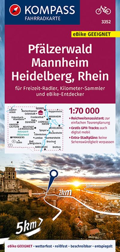 KOMPASS Fahrradkarte 3352 Pfälzerwald, Mannheim, Heidelberg, Rhein 1:70.000
