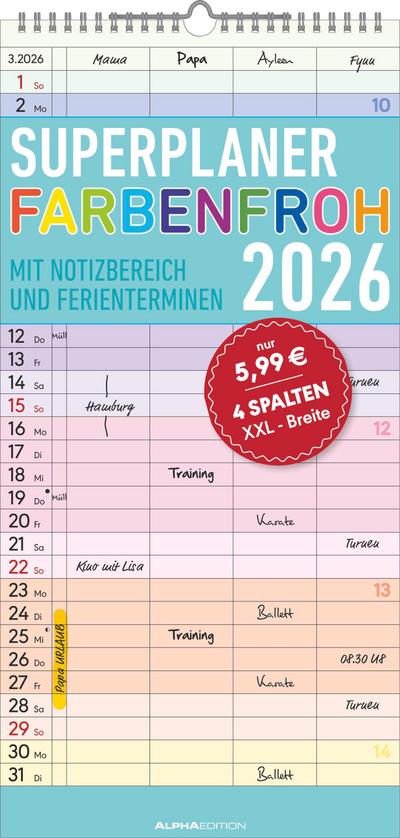 Superplaner Farbenfroh 2026 mit 4 Spalten - Familien-Timer 22x45 cm - Offset-Papier - mit Ferienterminen - Wand-Planer - Familienkalender - Alpha Edition