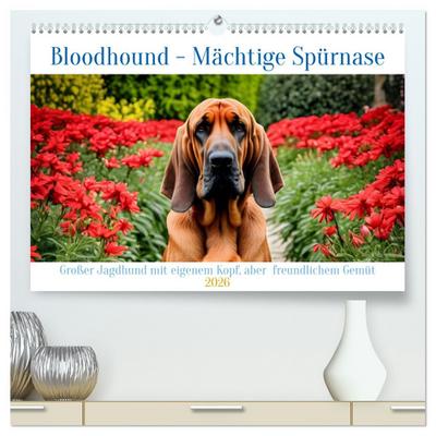 Bloodhound - Mächtige Spürnase (hochwertiger Premium Wandkalender 2026 DIN A2 quer), Kunstdruck in Hochglanz